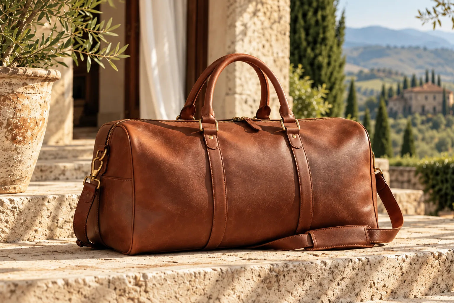 Brown leather duffel on sunlit Mediterranean stone steps