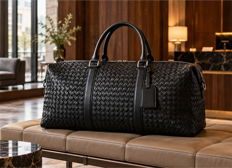 Black woven duffel in a warm city hotel lounge