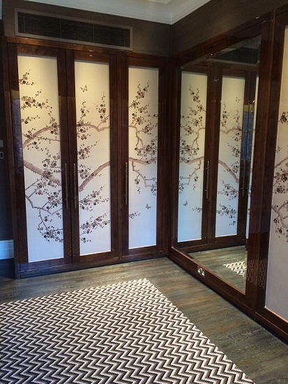 Japanese silk wall covering on wardrobe doors