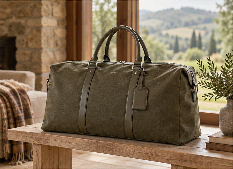Olive duffel on a wooden bench overlooking countryside